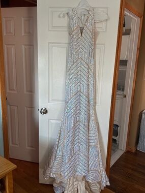 JOVANI White Iridescent Sequin Prom Dress Mermaid Gown
